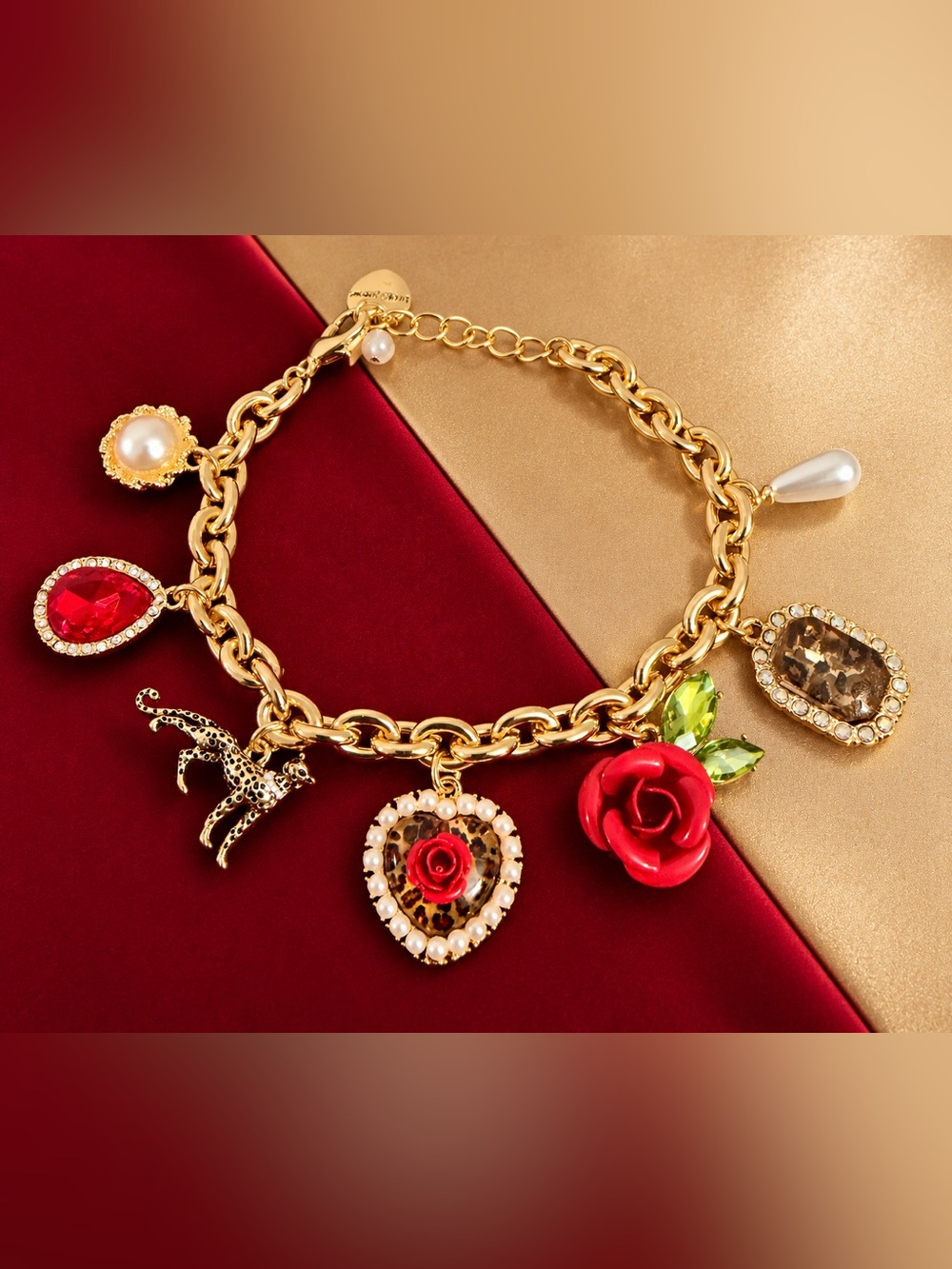 Betsey Johnson Gold-Tone Bracelet with Leopard, Red Rose and Pearl Heart Charm